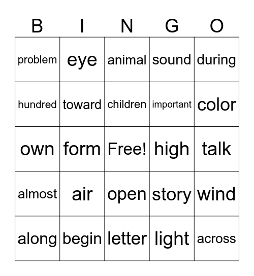 Sight Words Bingo Card