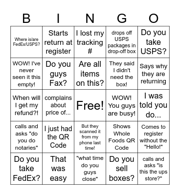 UPS Store Bingo Card