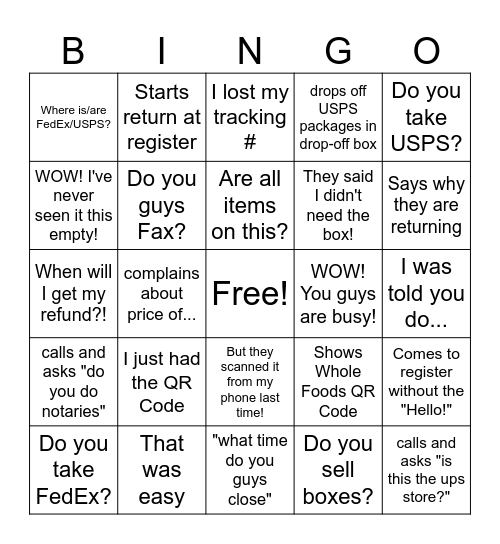 UPS Store Bingo Card