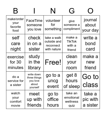 Mental Wellness Bingo Card