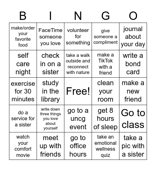 Mental Wellness Bingo Card