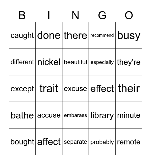 unit 1 week 3 spelling Bingo Card