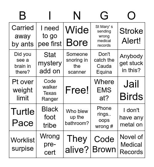 MRI Bingo Card