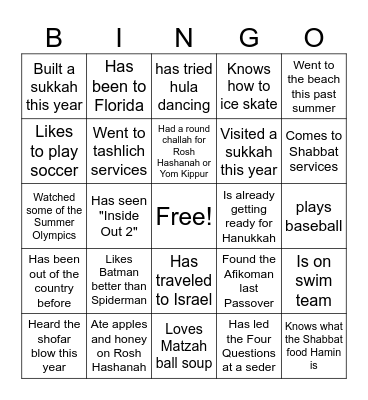 Jewish Holiday Bingo Card