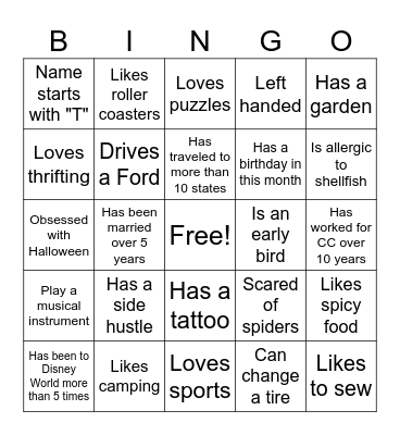 Getting to know you Bingo Card