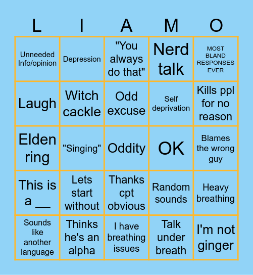 Liam VC BINGO Card