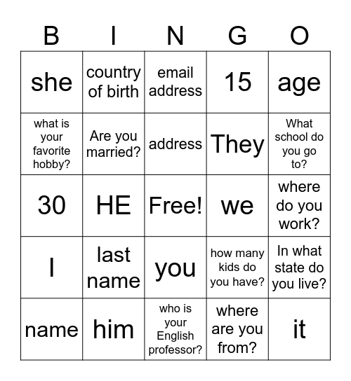 all about me Bingo Card