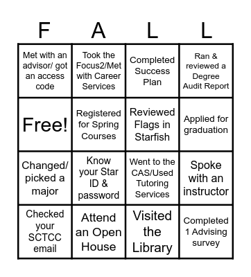 SCTCC Academic Advising Fall Registration Bingo Card