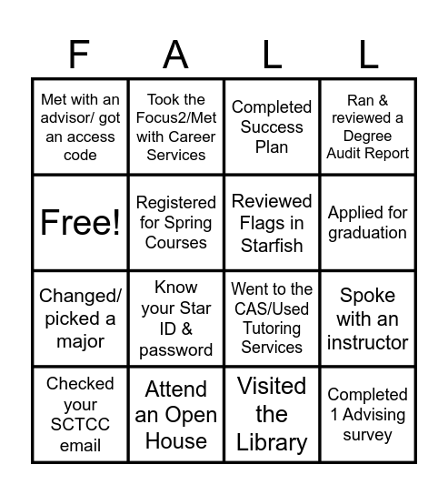 SCTCC Academic Advising Fall Registration Bingo Card