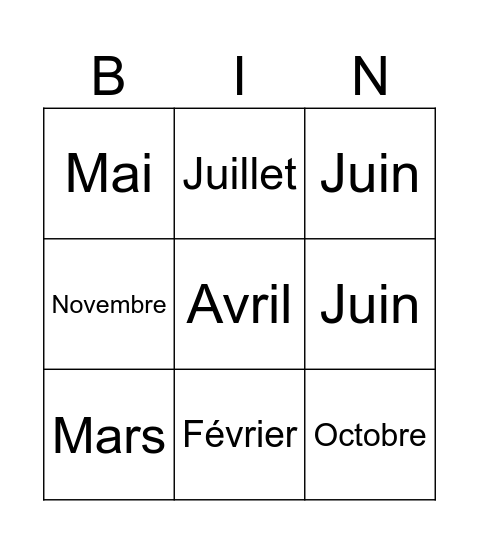 Les Mois Bingo Card