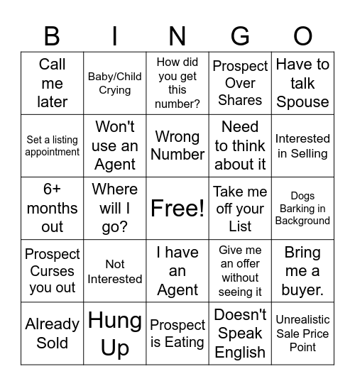 Seller Excuse Bingo Card