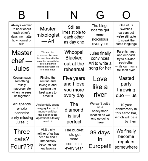 5x5 for Ari x Jules x5 Bingo Card