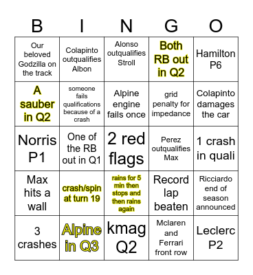 Singapore GP (FRI+SAT) Bingo Card