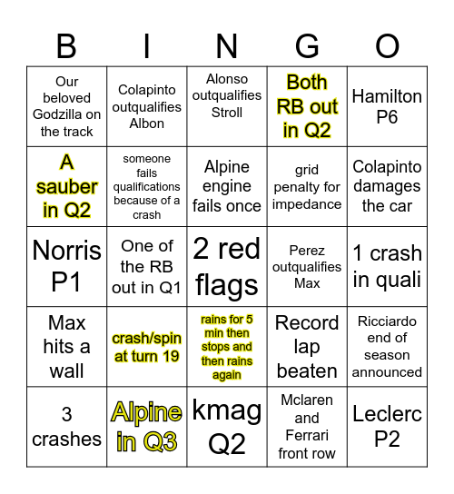 Singapore GP (FRI+SAT) Bingo Card