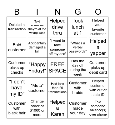Bank Observing Bingo Card