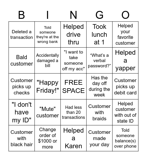 Bank Observing Bingo Card