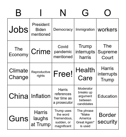 2024 Presidential Debate Bingo Card