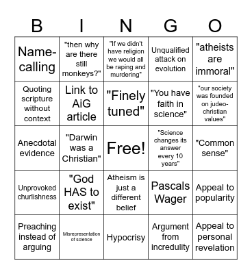 Shitty Theist Bingo Card