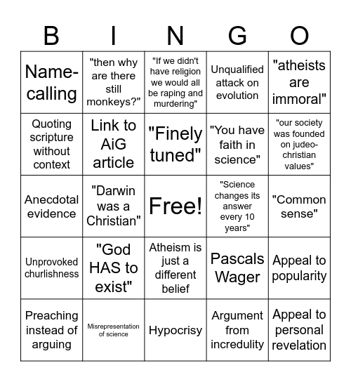 Shitty Theist Bingo Card
