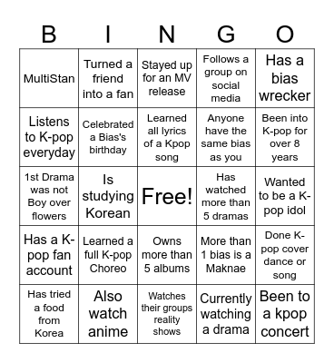 Kpop Bingo Card