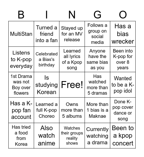 Kpop Bingo Card