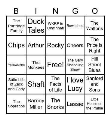 Theme Songs Bingo Card