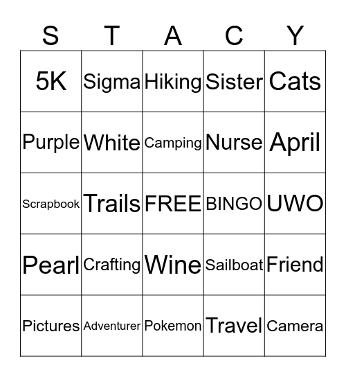 Stacy's Bridal Shower BINGO Card