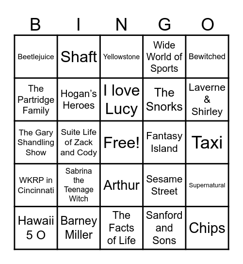 Theme Songs Bingo Card