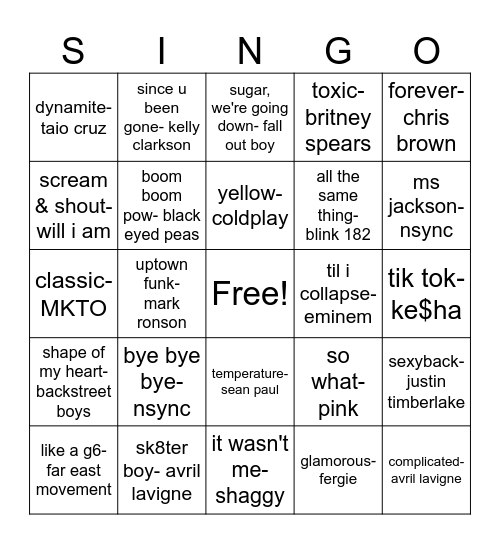 00's hits Bingo Card