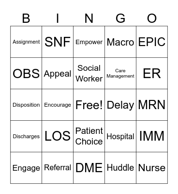 Care Management Bingo Card