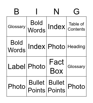 Nonfiction Text Features Bingo Card