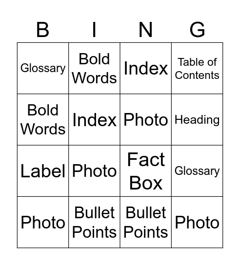 Nonfiction Text Features Bingo Card