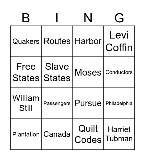 The Underground RailRoad Bingo Card