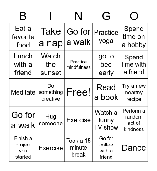 Self-Care Bingo Card