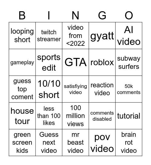 Youtube Shorts Bingo Card