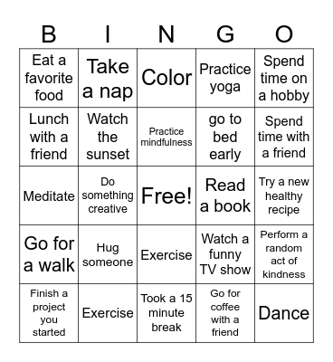 Self-Care Bingo Card