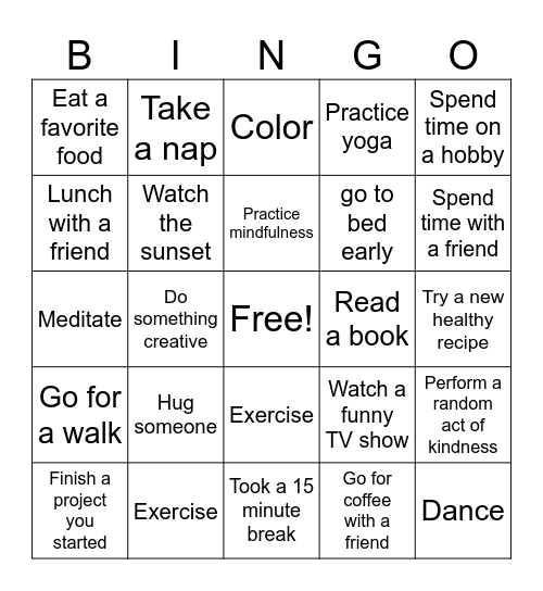 Self-Care Bingo Card