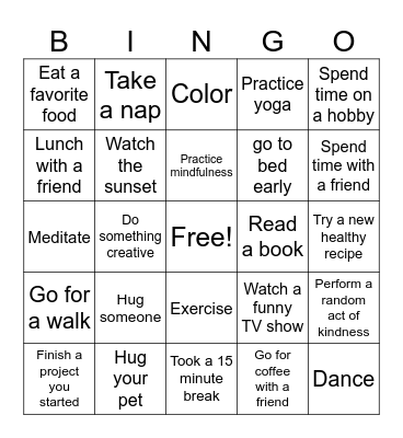 Self-Care Bingo Card