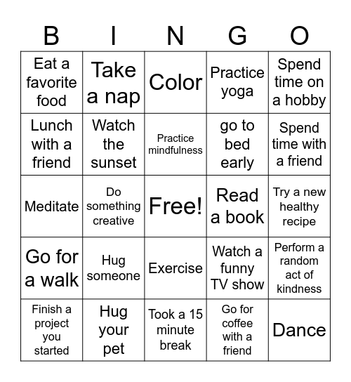 Self-Care Bingo Card