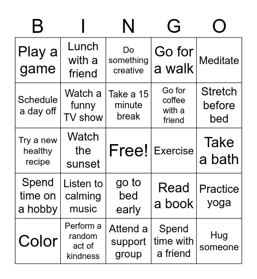 Self-Care BINGO Card