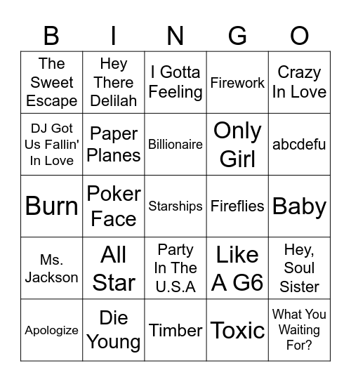 2000's Music Bingo Card