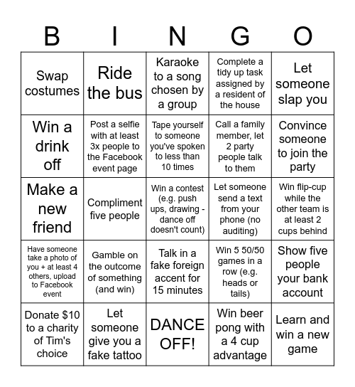 Birthday Bad Idea Bingo Card