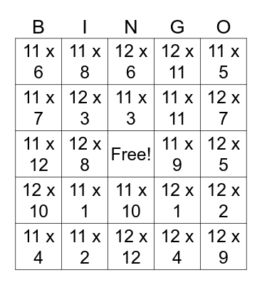 11 and 12 Multiplication Bingo Card