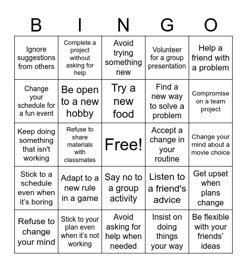 Flexibility Bingo Card