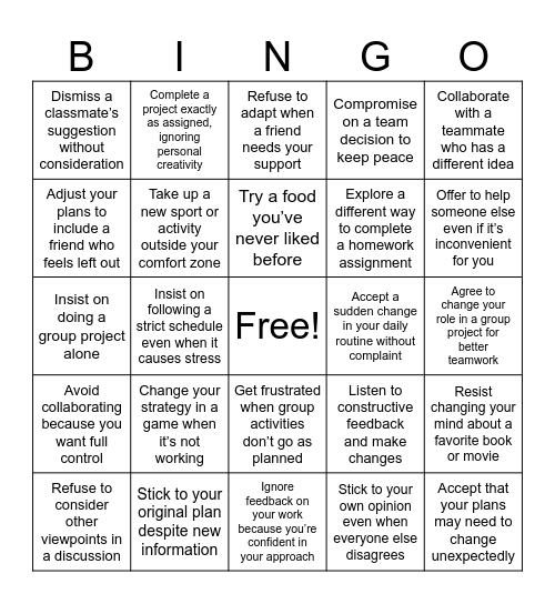 Flexibility Bingo Card