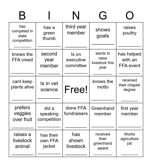 FFA human bingo Card