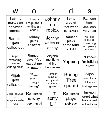 English class bingo Card