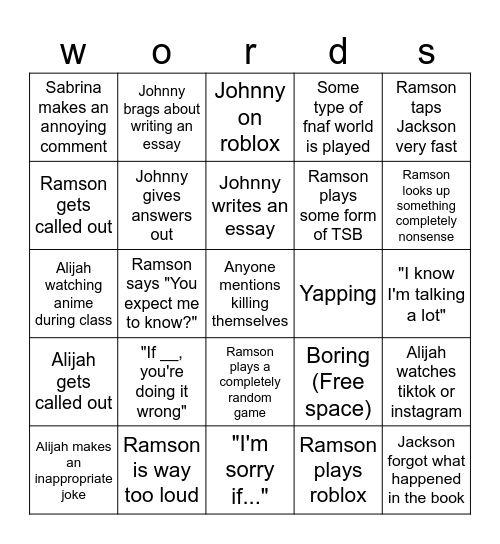 English class bingo Card