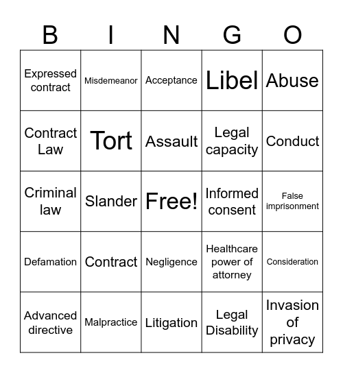 Legal and Ethical Bingo Card