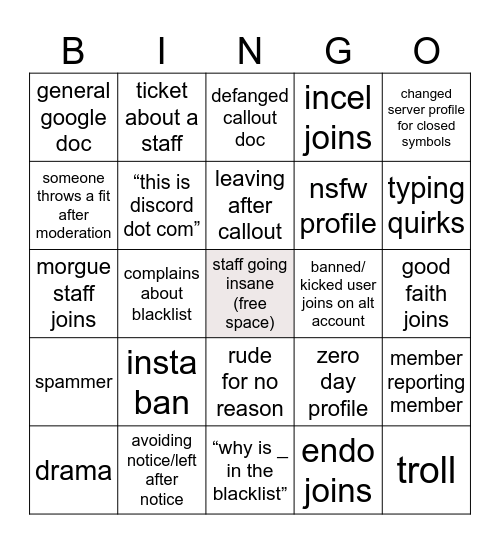 Defanged Staff Bingo Card